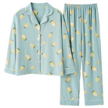

Women Pajamas Set Autumn Cotton Cartoon Lemon Printed Sleepwear Turn-down Collar Pijama Comfort Fresh And Nature Homewear