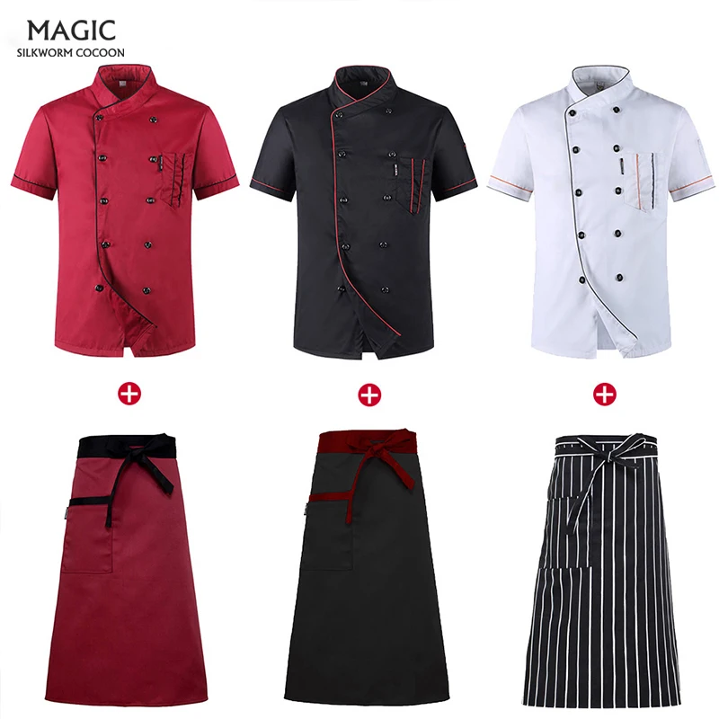 Unisex restaurant uniform shirt Breathable Double Breasted Chef short sleeve cook Jacket+cap+apron works clothes men Wholesale |