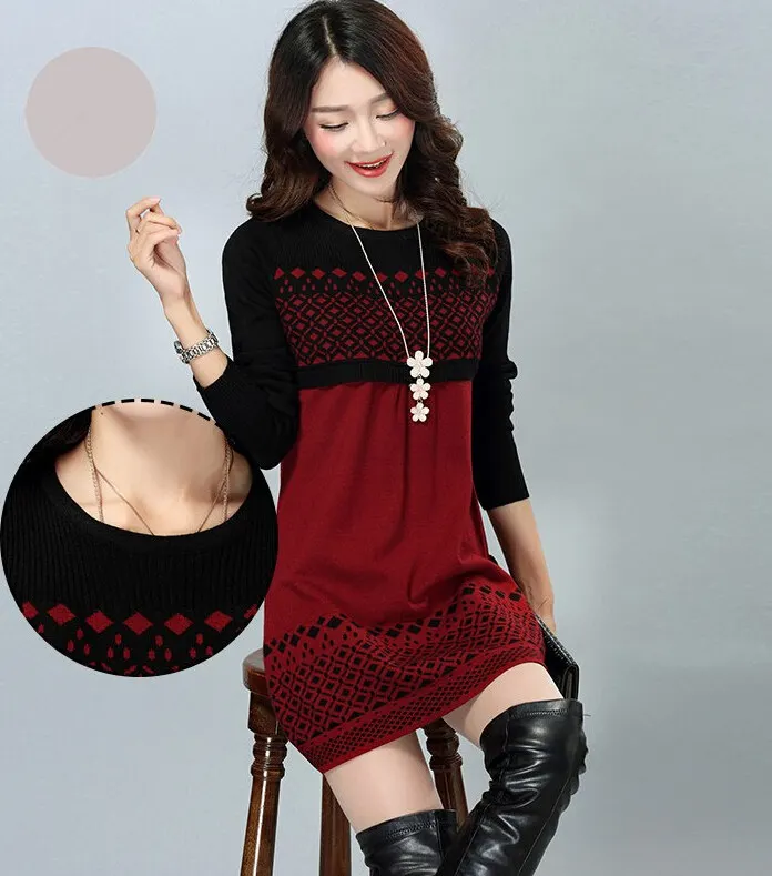 Женское осенне-зимнее Замшевое платье, женская трикотажная одежда размера плюс с длинным рукавом, теплое платье-свитер, roupas feminina CP216 - Цвет: Красный
