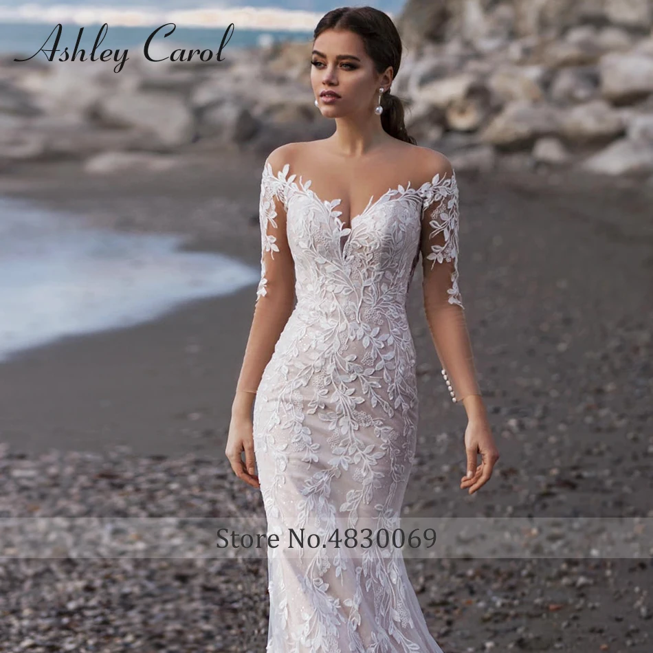Ashley Carol Mermaid Wedding Dress Romantic Backless Appliques Long Sleeve Sweetheart Beach Bridal Gown Vestidos De Novia 5