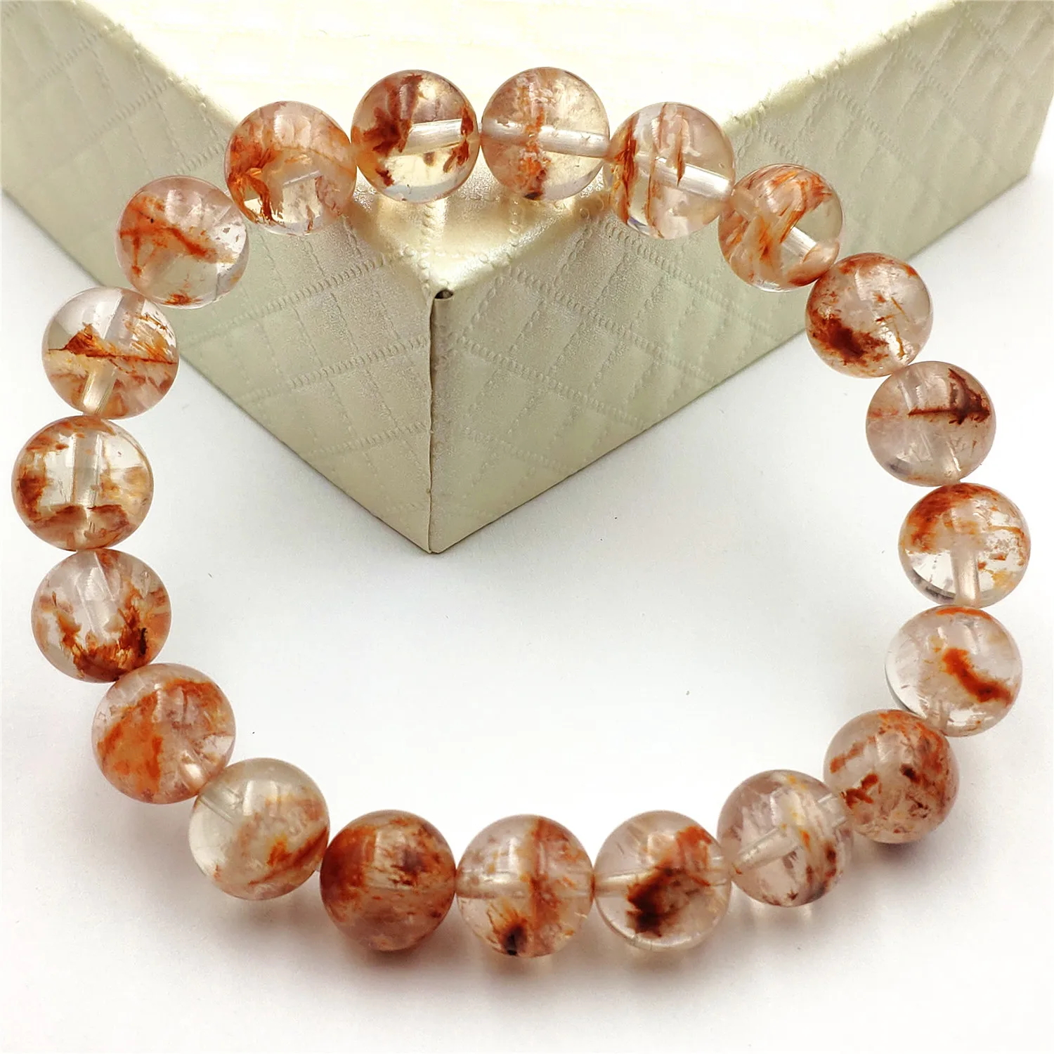 

Genuine Natural Orange White Sericite Snow Red Phantom Bracelet Crystal 9.5mm Round Bead Stretch Best Jewelry AAAAA