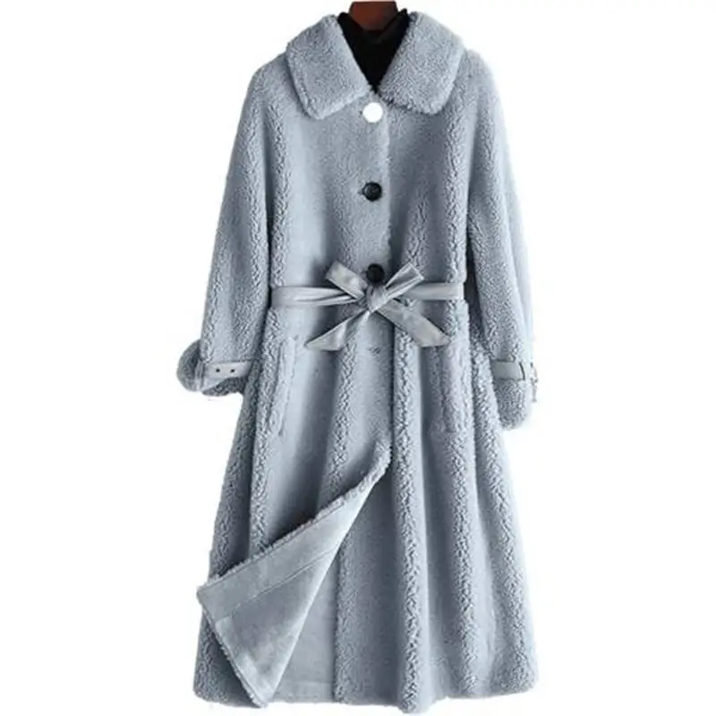 Женское зимнее пальто из натуральной овечьей шерсти на шнурках, коллекция года, Женская замшевая подкладка из натуральной шерсти, пальто с поясом, K313
