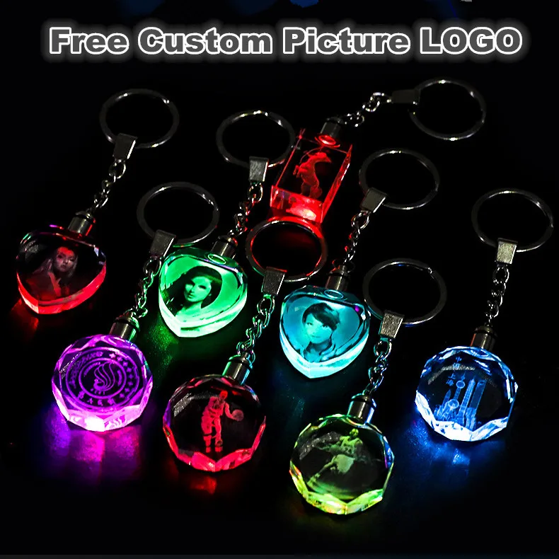 

Custom souvenir backpack decoration heart-shaped night light keychain K9 crystal photo lover baby child Glass Crafts gift