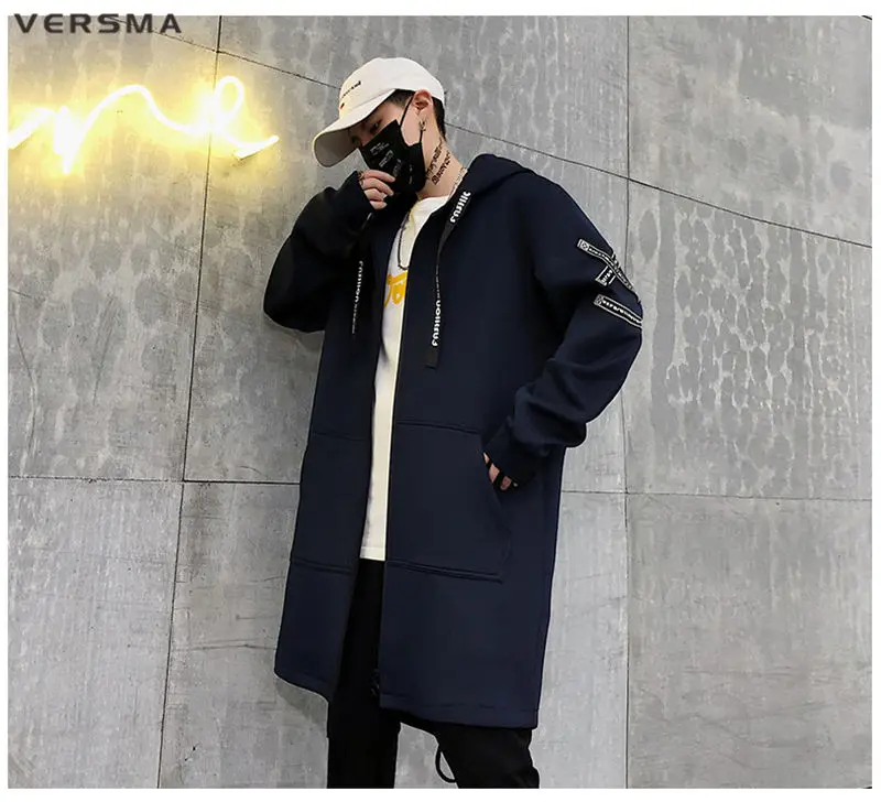 VERSMA одежда в Корейском стиле для мужчин патч C лентой мужские длинные куртки хип хоп Уличная длинная Готическая панк Мужская Тренч Прямая поставка