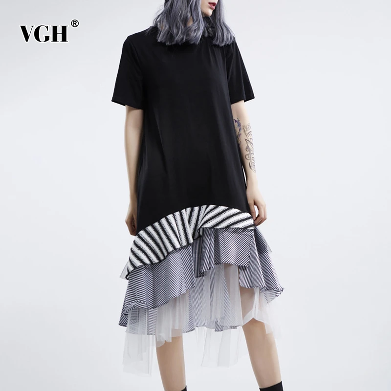VGH Elegant Striped Mesh Patchwork Women Dress O Neck Short Sleeve Oversized Asymmetrical Dresses Female Fashion Spring 2020 New | Женская