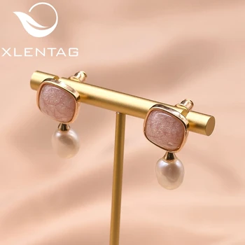 

XlentAg High-quality Pink Flower Glass Stones Natural Water Drop Pearl Crystal Earrings Women Girlfriend Fashion Jewelry GE0767E