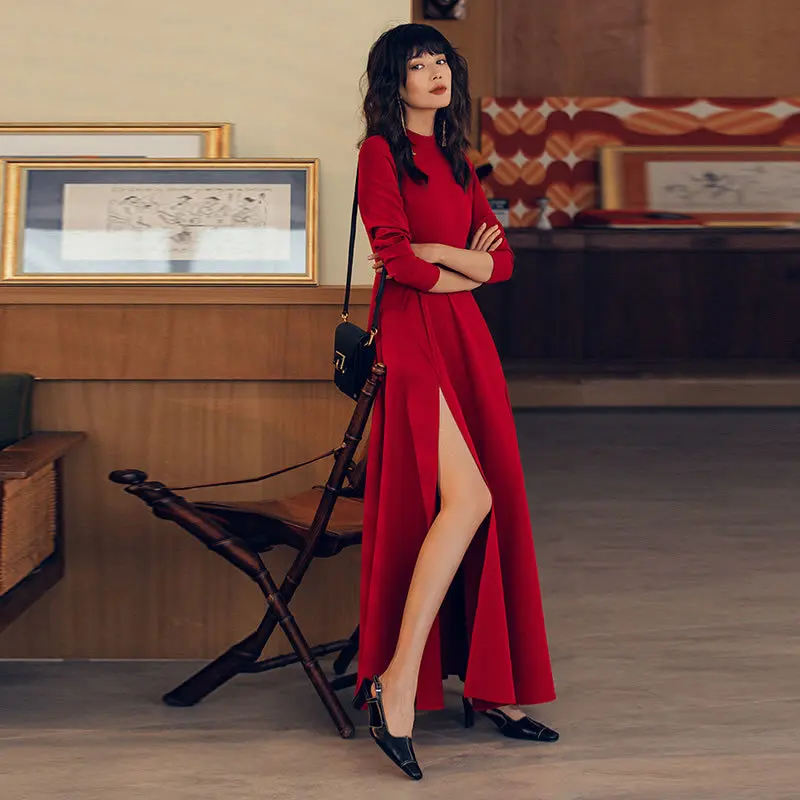 

High Waist Pleated Dress Fashion Split Waist High Waist Full Sleeve Pullover 2020 Spring Elegant Small Fresh Dress DMY2467