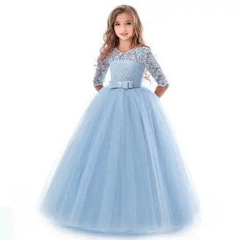 

New Princess Lace Dress Kids Flower Embroidery Dress For Wedding Party Formal Ball Gown 14T For Girls Vintage Children Dresses