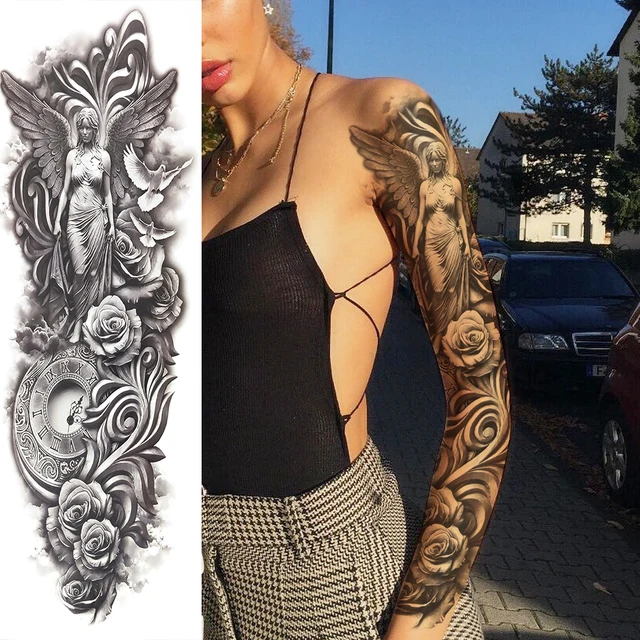 Angel Wings Compass Temporary Tattoo Arm Sleeve For Women Men Adult Clock Fake Tattoos Full Sleeve Black Water Transfer Tattoos Temporary Tattoos Aliexpress