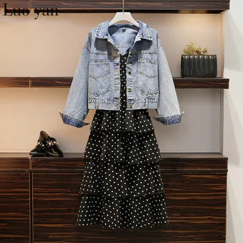 

Plus Size Women Sets 2019 New Autumn Long Sleeve Bf Style Loose Denim Coat Dot Print Ruffles Sling Cake Dress 2 piee set Outfit