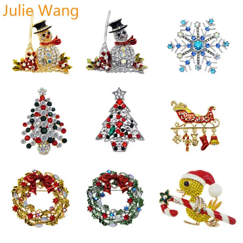 Рождественская брошь Julie Wang Стразы Эмаль Снеговик Снежинка венок модная