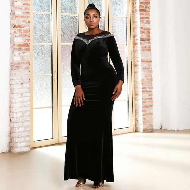 Missord 2021 Women Plus Size Dresses Maxi Sequins Velvet Sexy Evening Prom Party Bodycon Long sleeve Vestidos Elegant Black Black