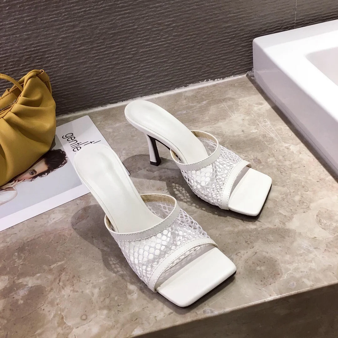 

Sexy PU New Square head Peep Toe High Heel Mesh Slippers Summer Fashion Slip On Thin Heels Slides Women Mules Party