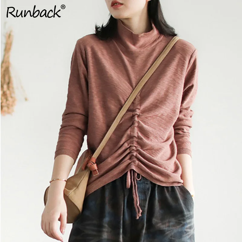 Runback футболка Femme из бамбукового хлопка водолазка с длинным рукавом на завязках Нижняя Футболка однотонная винтажная Женская одежда для женщин