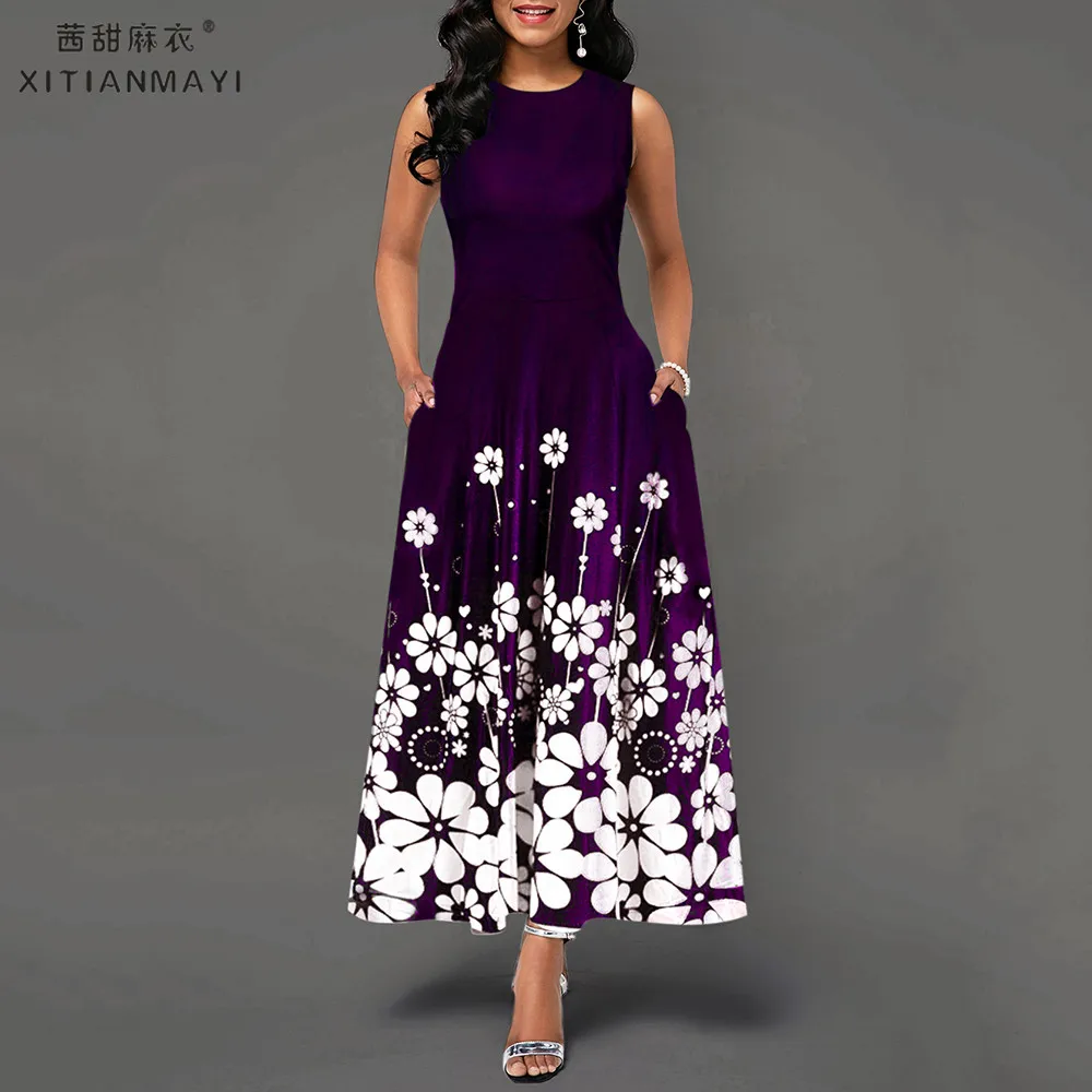 

Maxi Elegant Party Dress Women Sleeveless Floral printed Ankle-Length Female Black Ladies Dress A-line Long Dress robe femme D25