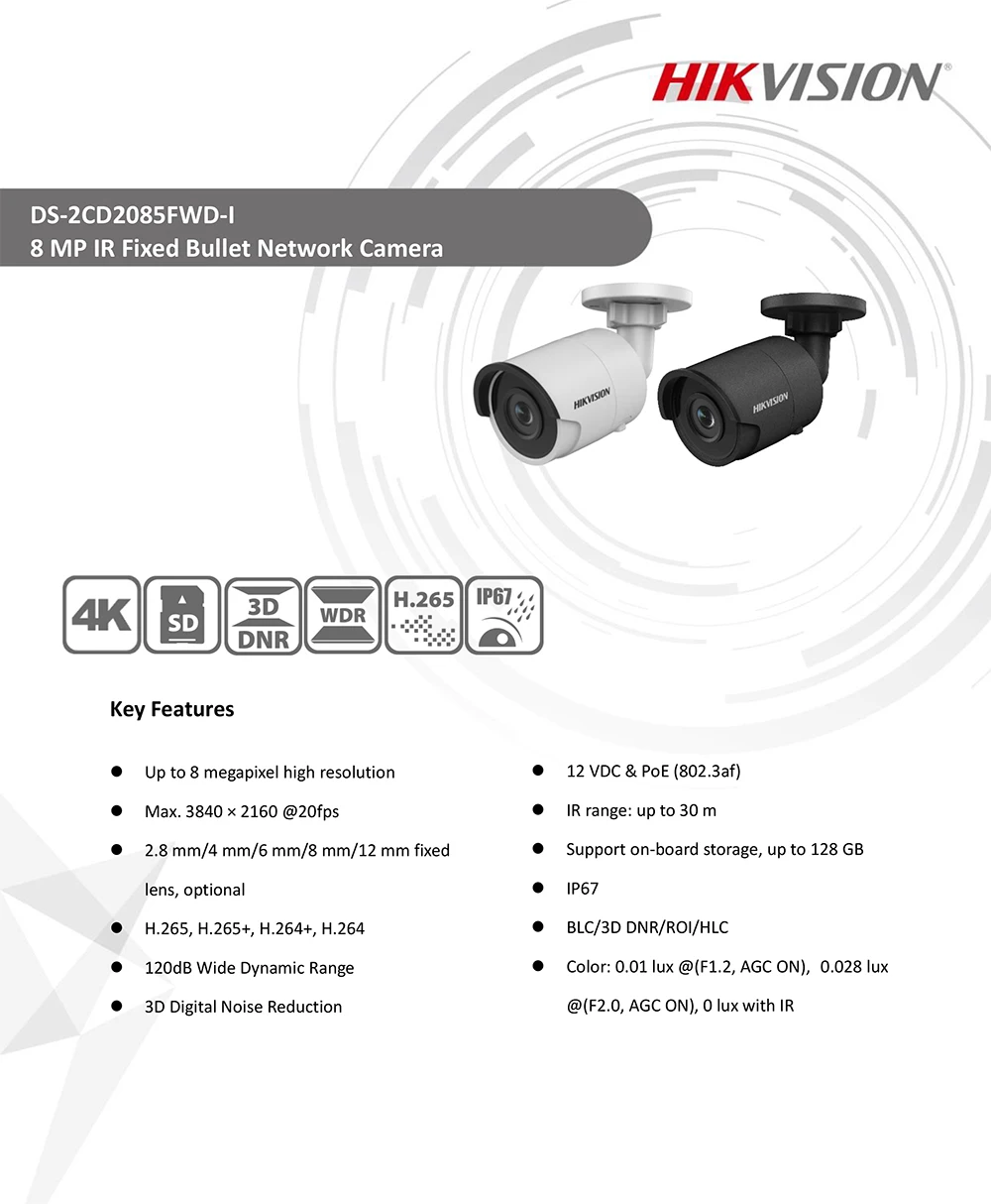 Hikvision 4K метка сети 8MP ip-камера DS-2CD2085FWD-I 3D DNR камера видеонаблюдения