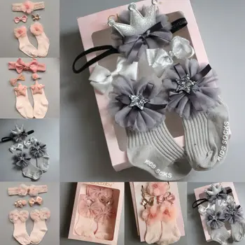

Infant Baby Big Lace Stretch Hair Band Crown Flower Slip Soft Non-Slip Cotton Socks Four-Piece Kids Girls Children's Headwear