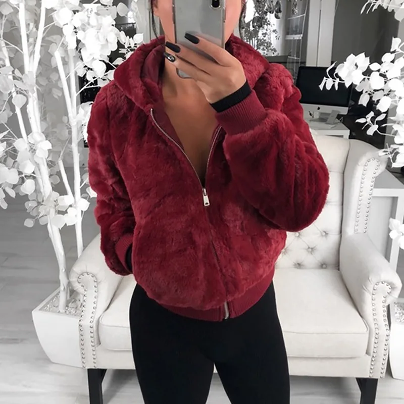 

2019 New Faux Fur Women Coat With Hood High Waist Fashion Slim Black Red Pink Faux Fur Jacket Fake Rabbit Fur Coats Plus Size