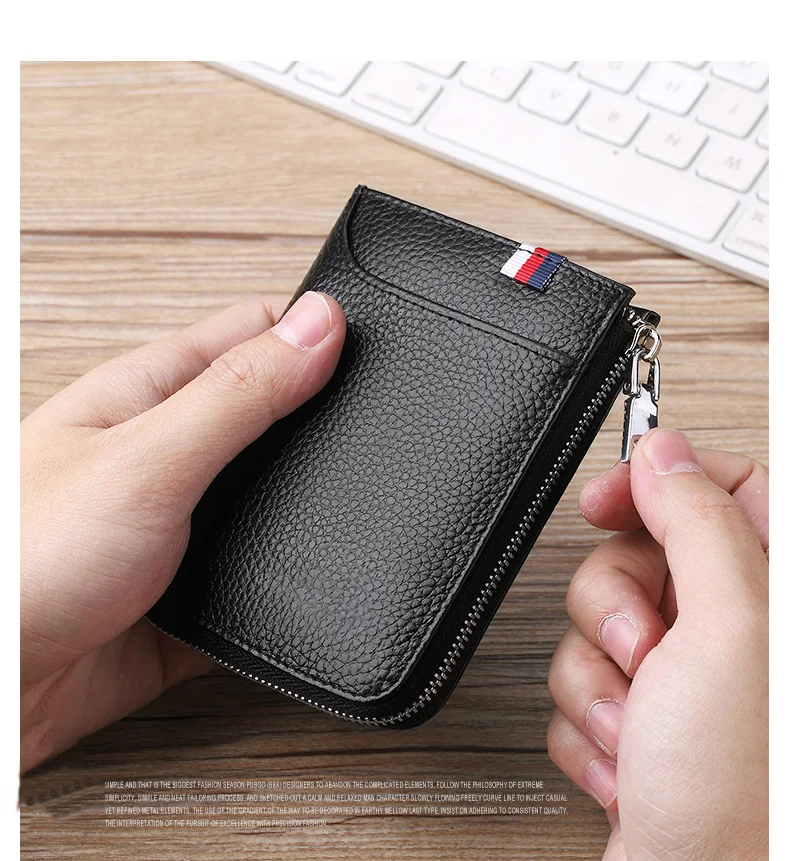 DIDE Black Genuine Leather Wallet Men RFID Credit Card Holder Male Short Coin Purse Wallets Cowhide Zipper Wallet Vintage Casual