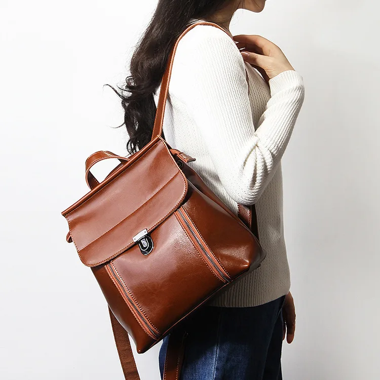 

P-F bag Retro Women Leather Backpack College Preppy School Backbag Student Laptop Girls Back Pack Travel Backpack Anti Theft