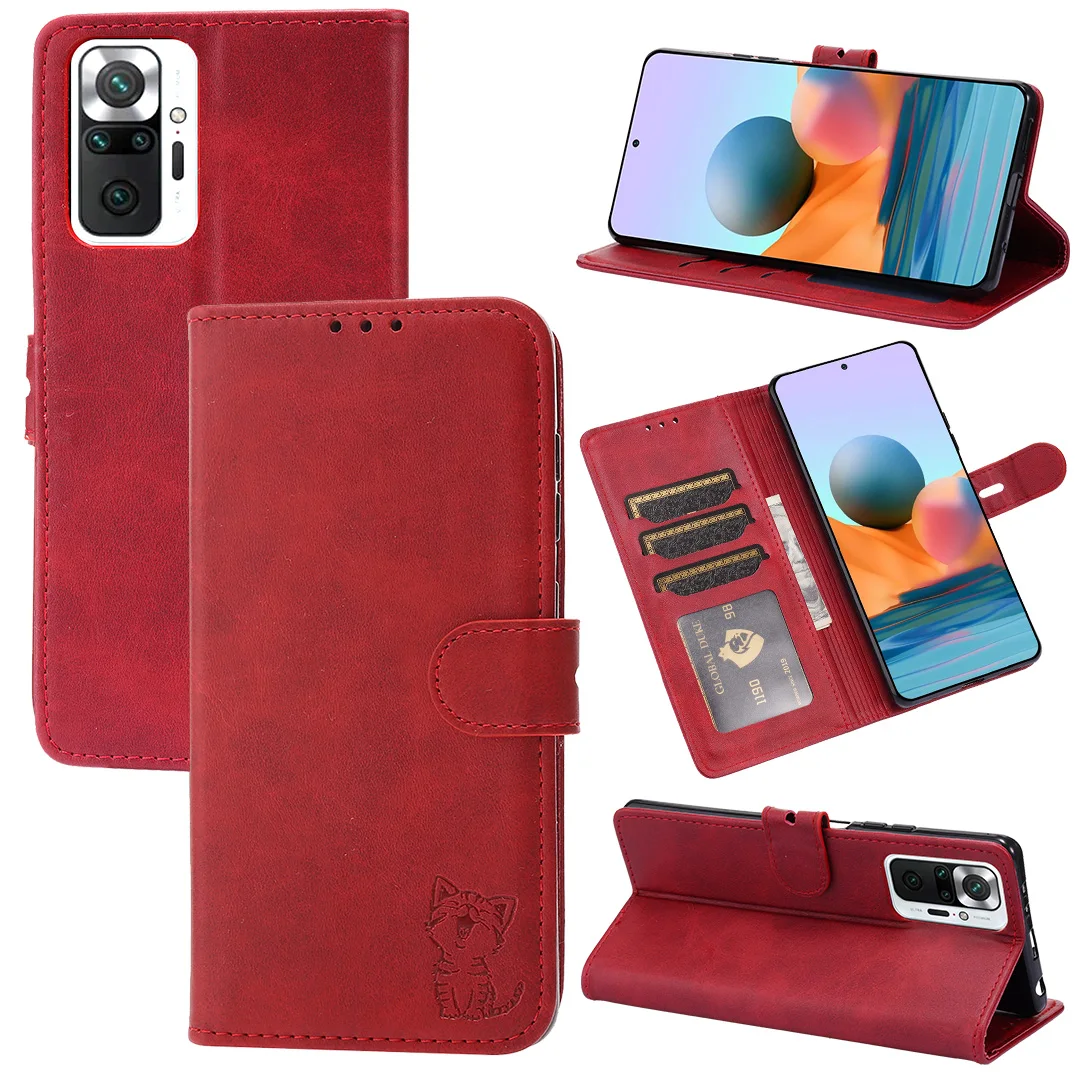 Ретро винтажный кожаный чехол с тисненым рисунком счастливого кота для Redmi Note 10 Pro