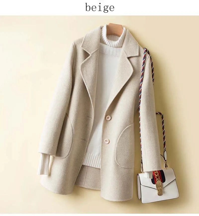 Зима осень женский модный костюм дизайнерское мериносовое шерстяное пальто - Цвет: Бежевый