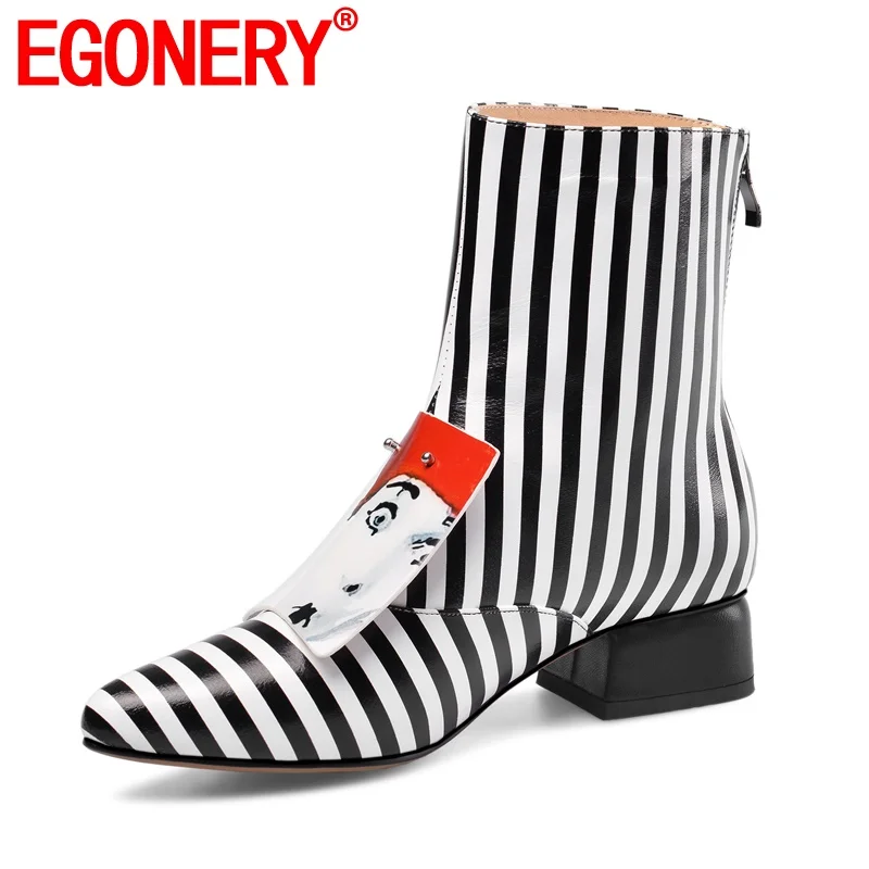EGONERY/Женская обувь; новые модные зимние ботильоны из натуральной кожи с острым носком; женская обувь на среднем каблуке; большие размеры; обувь на молнии; Прямая