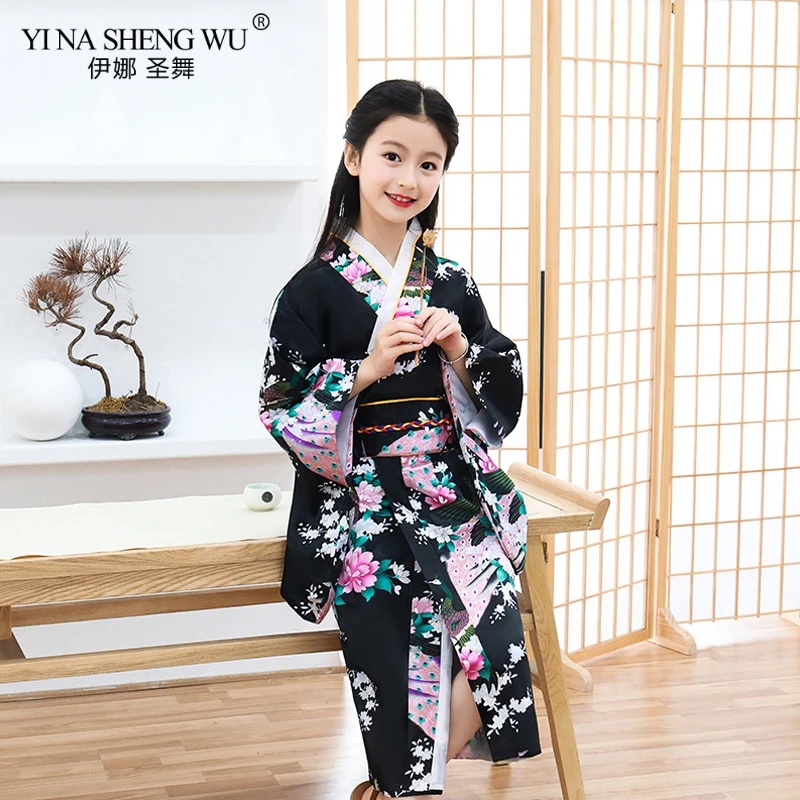 

Children Kimono Satin Children Summer Kimono Bathrobes Japanese Traditional Costumes Kimono Dress with Obi Yukata For Kids Girls