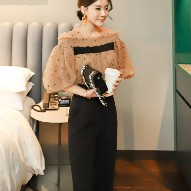 

Korean Simple New 2 Piece Set Women 2020 Autumn Elegant Mesh Crop Top & High Waist Long Pants Suits OL Work Two Piece Set