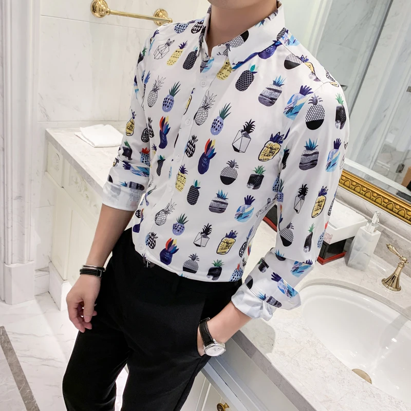 Уличная Клубная вечерние DJ рубашка мужская Camisas Masculina 3xl корейская мода принт 2018