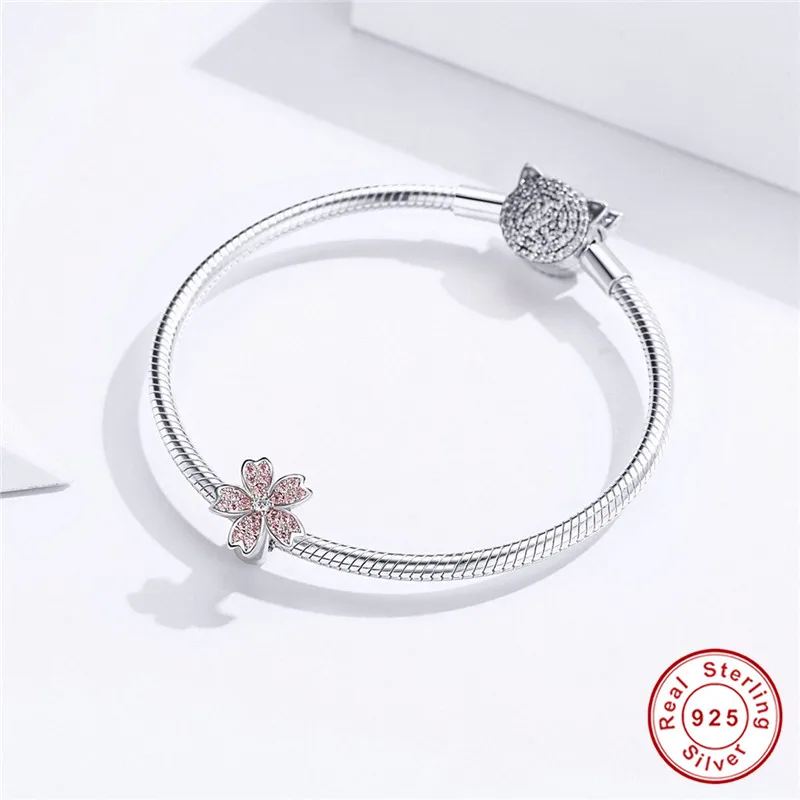 Fit Pandora браслет серебро 925 розовый циркон бусины-Вишенки S925 Симпатичные CZ японский цветок Разноцветные Подвески-талисманы для изготовления ювелирных изделий