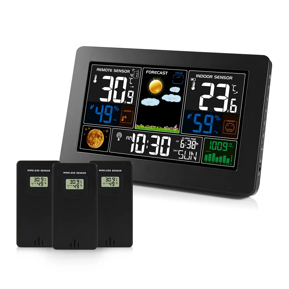 FanJu Digital Thermometer Hygrometer Barometer Electronic 3 Outdoor Wireless Sensor Large Screen Wall Clock Home