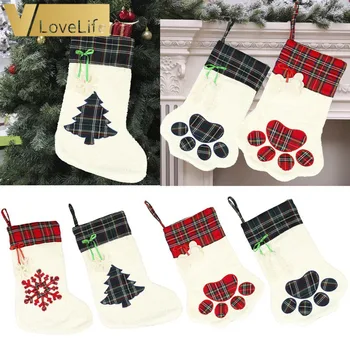 

1x Christmas Large Plaid Paw Stocking Xmas Snowflake Tree Plush Red Blue Large Candy Box For Gifts Decorations New Year Ornament