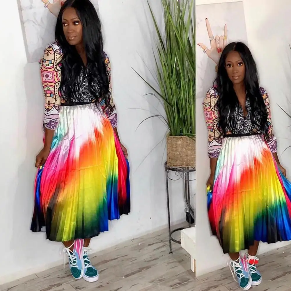 Градиентная цветная Лоскутная юбка женская мода Высокая талия свободная плиссированная юбка и повседневная юбка длиной до лодыжки 225