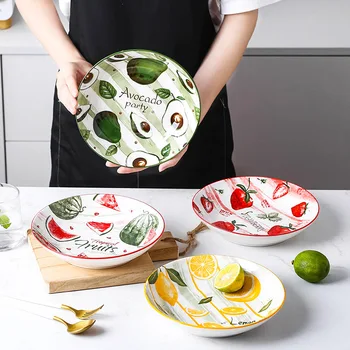 

2020 New 1 Pcs Fruit Style Ceramic Plate Tableware Round Dessert Creative Salad Cutter Dishes Hand Painted Porcelain Plate Tray