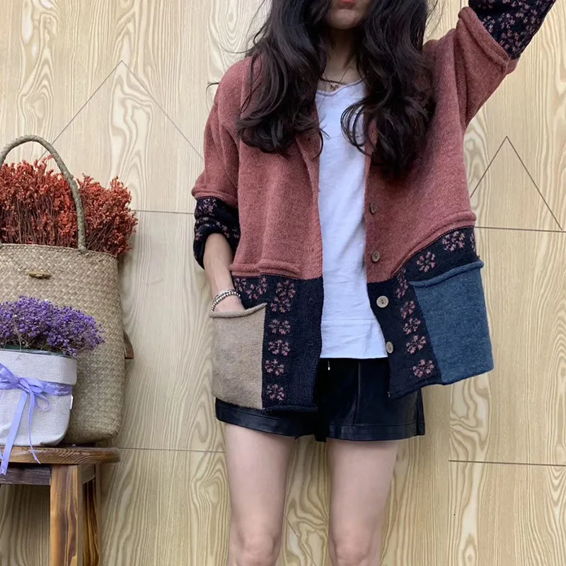 

Women Vintage Sweaters Loose Autumn Winter Knitting Jackets Tops Casual Panelled Pocket Ladies Cardigan Sweater Coat