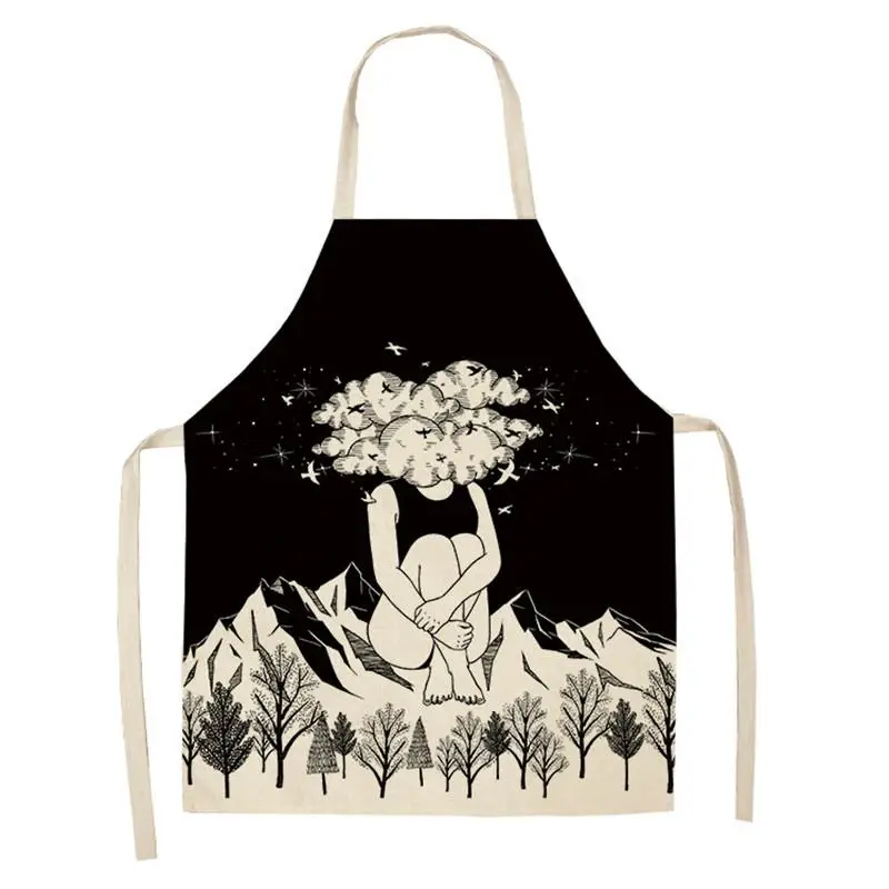 Black White Aprons Women Men Flower Cotton Linen Aprons for Kitchen Home Cooking Baking Cleaning Accessories WQ115
