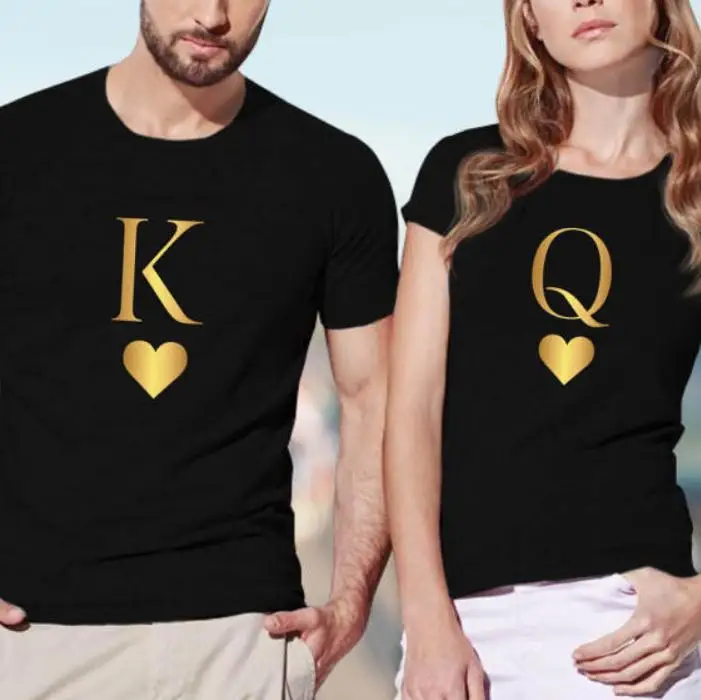 

King Queen Letter Heart Print Couple T Shirt Lovers Casual Tshirt Short Sleeve O Neck Loose Women Tee Tops Camisetas Mujer