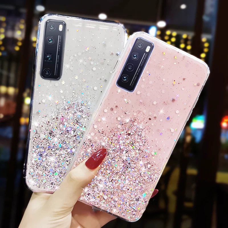 Luxe Gradient Glitter Star Téléphone étui pour huawei P50 P40 Pro P30 P20 Lite Honor 10 20 30 50 Pro Transparent Couverture Arrière Souple_voghion.com