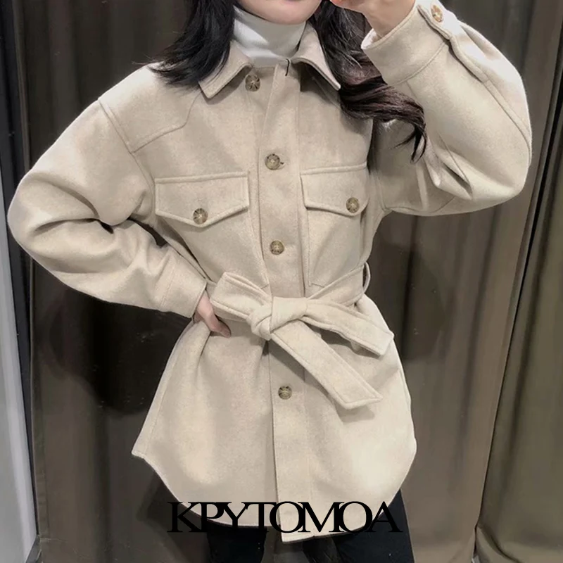 KPYTOMOA Women 2021 Fashion With Belt Loose Woolen Jacket Coat Vintage Long Sleeve Side Pockets Female Outerwear Chic Overcoat
