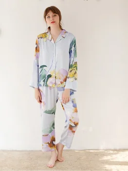 

Causal Ocean Print Viscose Women's Long Sleeve Pajama Sets Long Pants Multicolor Fashion Sleepwear Spring Autumn Night Suits