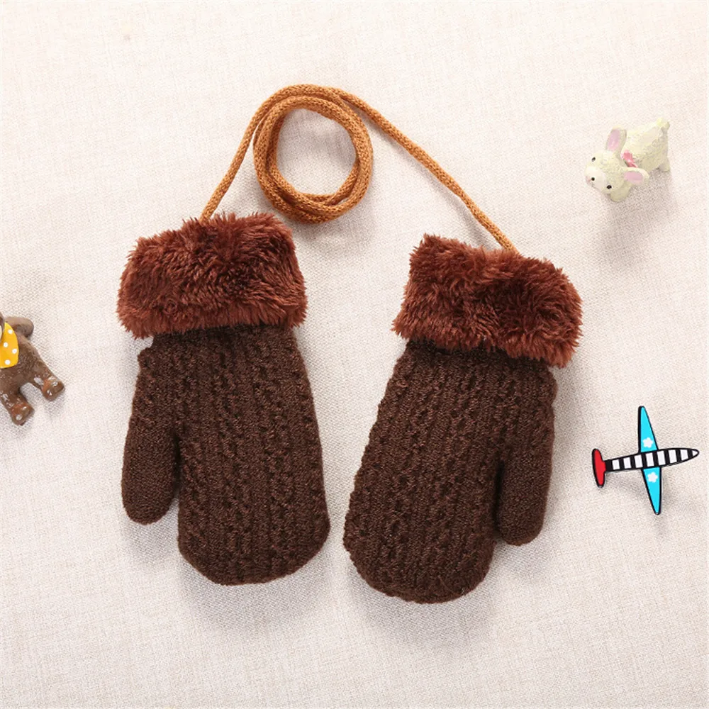 Детские перчатки для мальчиков и девочек; зимние теплые шерстяные плотные перчатки; варежки с длинными веревочками; теплые вязаные перчатки для детей от 0 до 3 лет