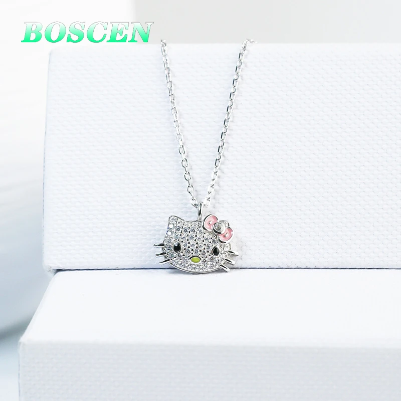 BOSCEN 925 пробы Серебряное ожерелье с подвеской для женщин, маленьких девочек, детей, подарок на день рождения Hello kitty