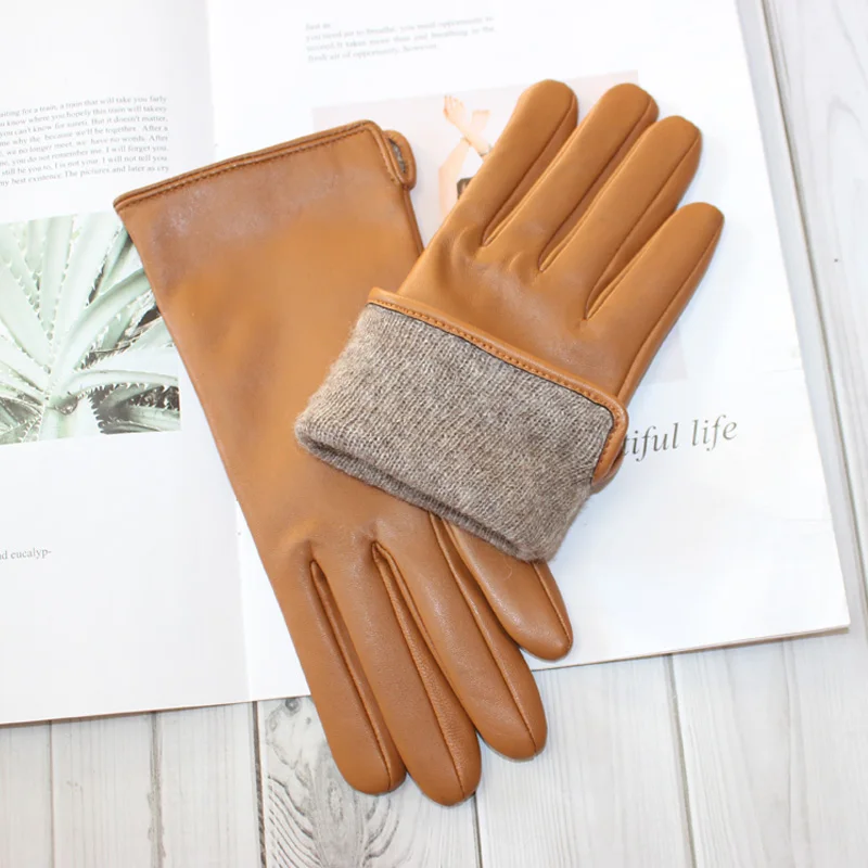 Sheepskin Gloves Women's New Knitted Lining Spring Classic Versatile Multicolor Driving Gloves Leather Autumn