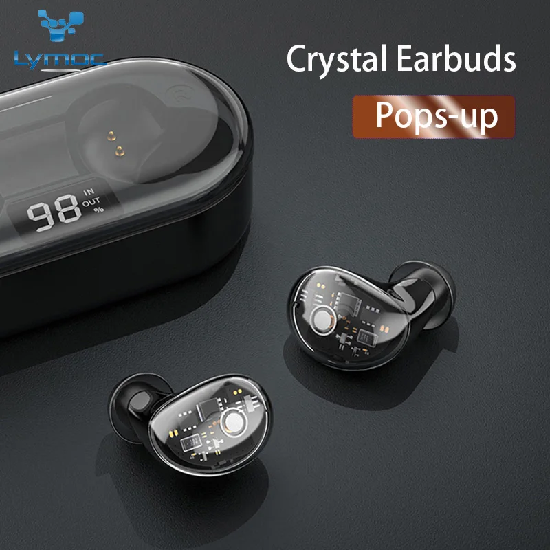 

Crystal Earphones Bluetooth 5.0 Headsets Latest Pops-Up Open Box Connect Wireless Earbuds Touch Control Bass IPX6 Waterproof