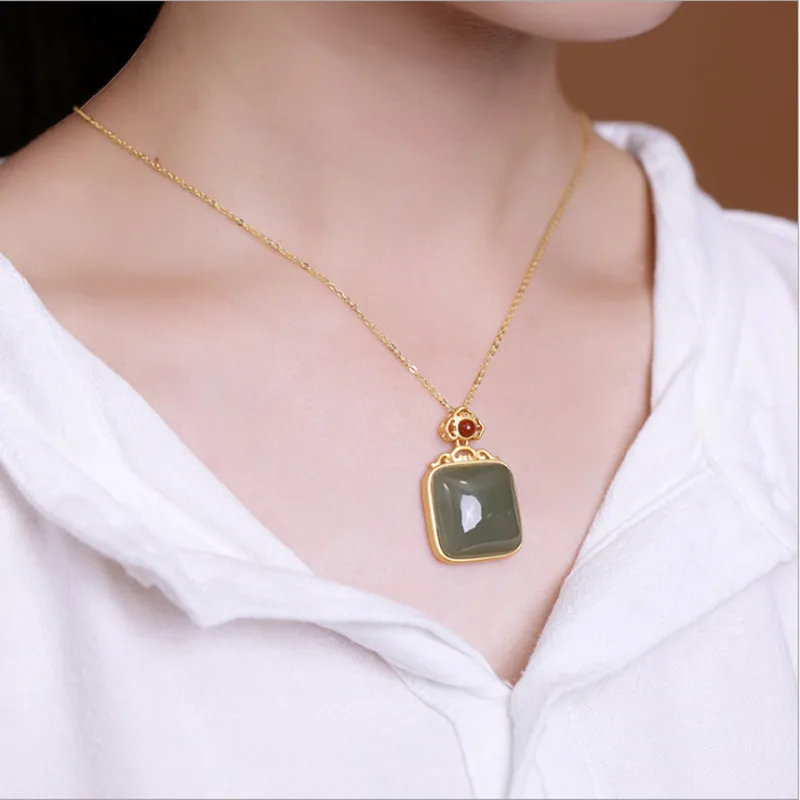 Gold Green Безглицые пустые драгоценные камни, ожерелья для женщин, квадратные подвески из яшмы и нефрита+ цепочки, 925 серебряные драгоценные камни, квадратные ювелирные изделия P1055 - Цвет камня: Gold Green