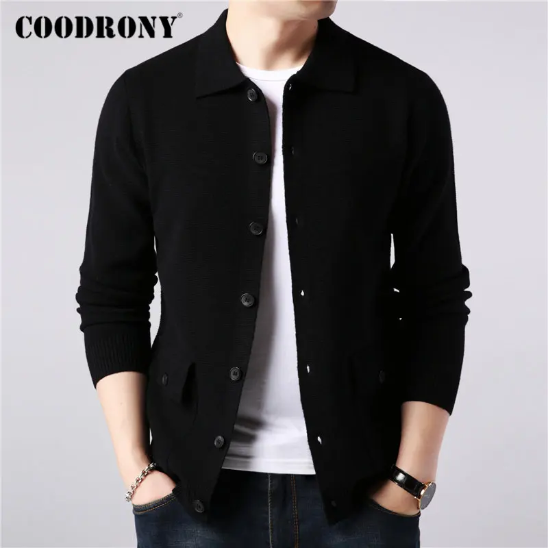 Black Бренд COODRONY, мужской свитер, уличная мода, мужской свитер, пальто, Осень-зима, теплый кашемировый шерстяной кардиган, мужской кардиган с карманом, 91104 - Color: Black