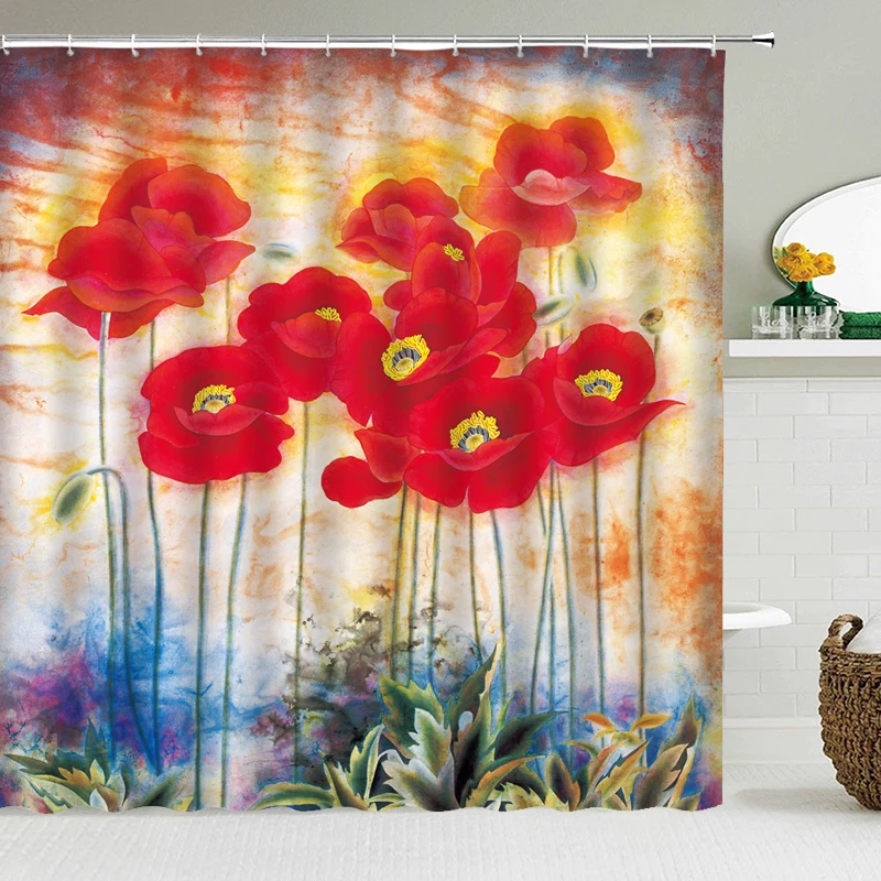 

Bathroom Shower Curtain 3D Printing Flower Waterproof Curtain Polyester Eco-friendly Bath Curtain Home Decoration with 12 Hook