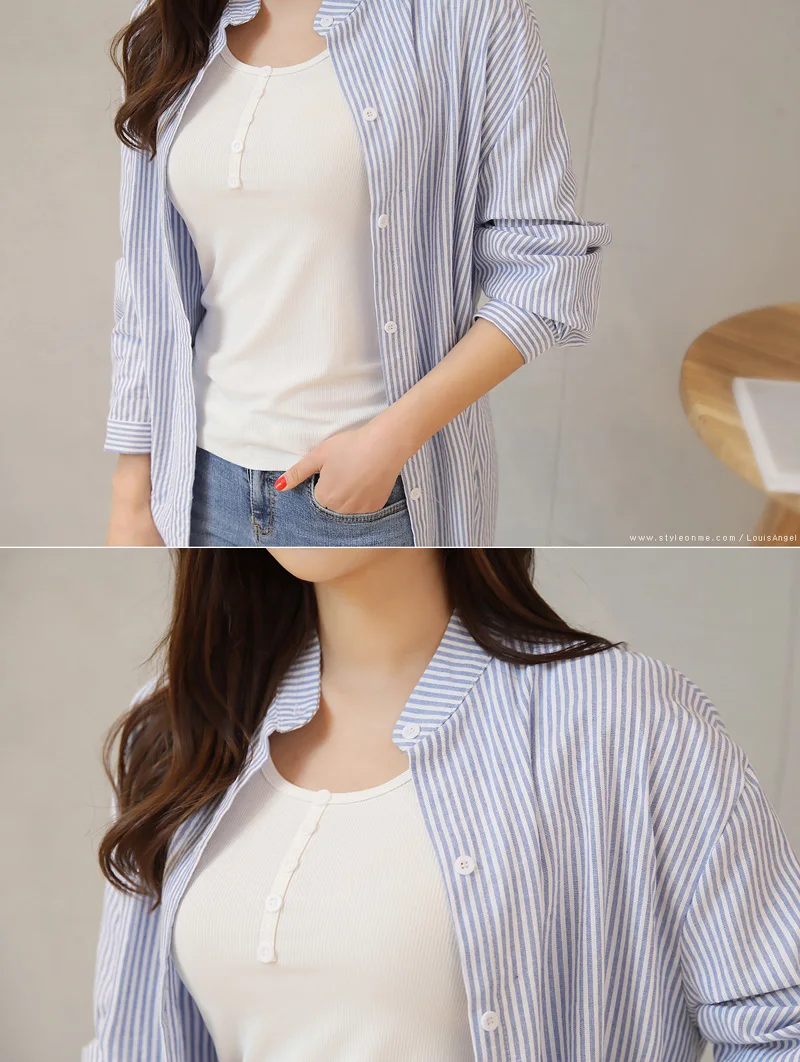 Blusas mujer de moda шифоновая блуза с длинным рукавом в синюю полоску Повседневная Длинная блуза Женские топы женские топы и блузки C353