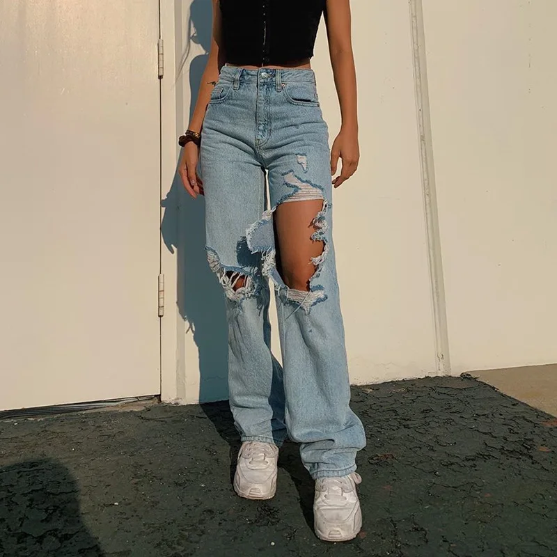 

NCLAGEN Streetwear Stylish Cowgirl Fashion Jeans Women Ripped Hole Washed Distressed Denim Pants 2020 High Waist Trousers